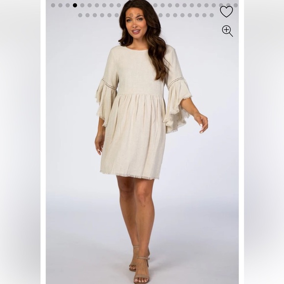 EUC LARGE PINK BLUSH BEIGE RAW EDGE BELL SLEEVE BABYDOLL LINEN MATERNITY DRESS - Picture 4 of 12